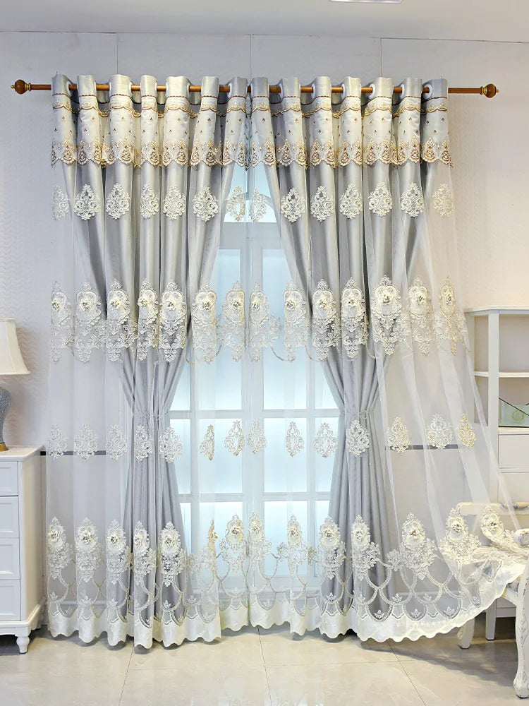 NONECN Elegant Double Layer Embossed 3D Embroidered Blackout Curtains Bedroom