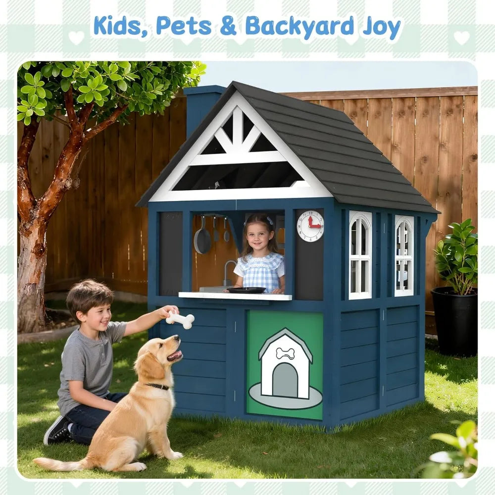 Playhouse Outdoor,Wooden Play House Playset, Large, Sturdy, Realistic Design with Kitchen, Doorbell, Customized