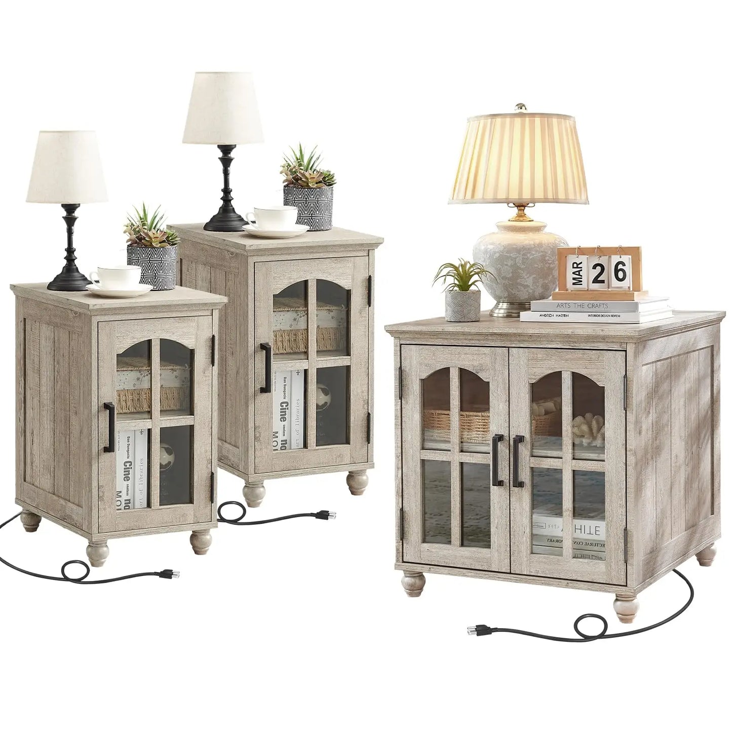 Farmhouse End Table Set of 3 , 18'' Narrow Side Table and 24" Large Sofa Side Table, Wood Night Stand Bedside Table
