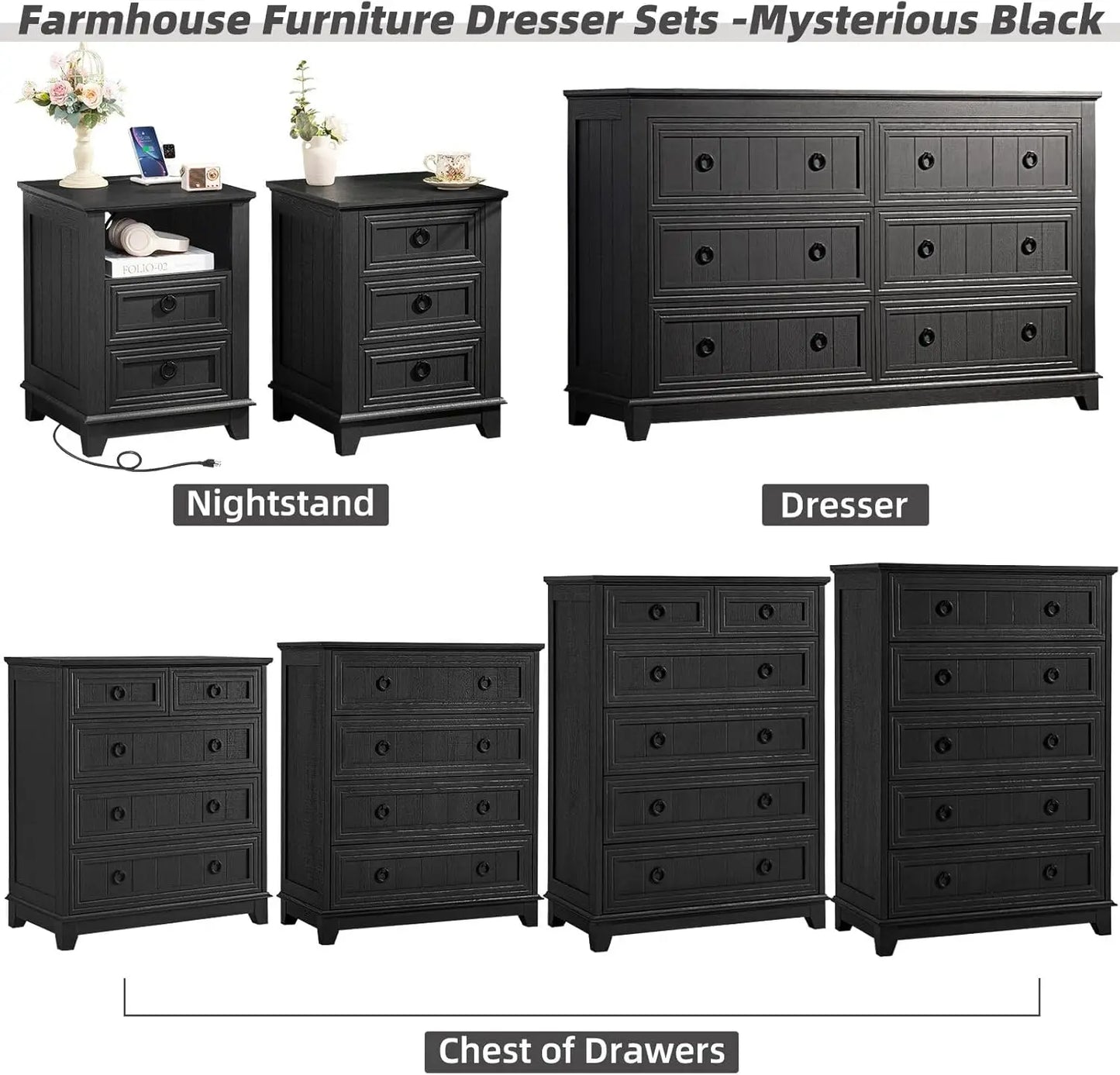 Bedroom Dresser and Nightstand Sets 4 Piece,18" Nightstands Set of 2, 54" Wide Furniture Dressers for Bedroom,Living Room, Black