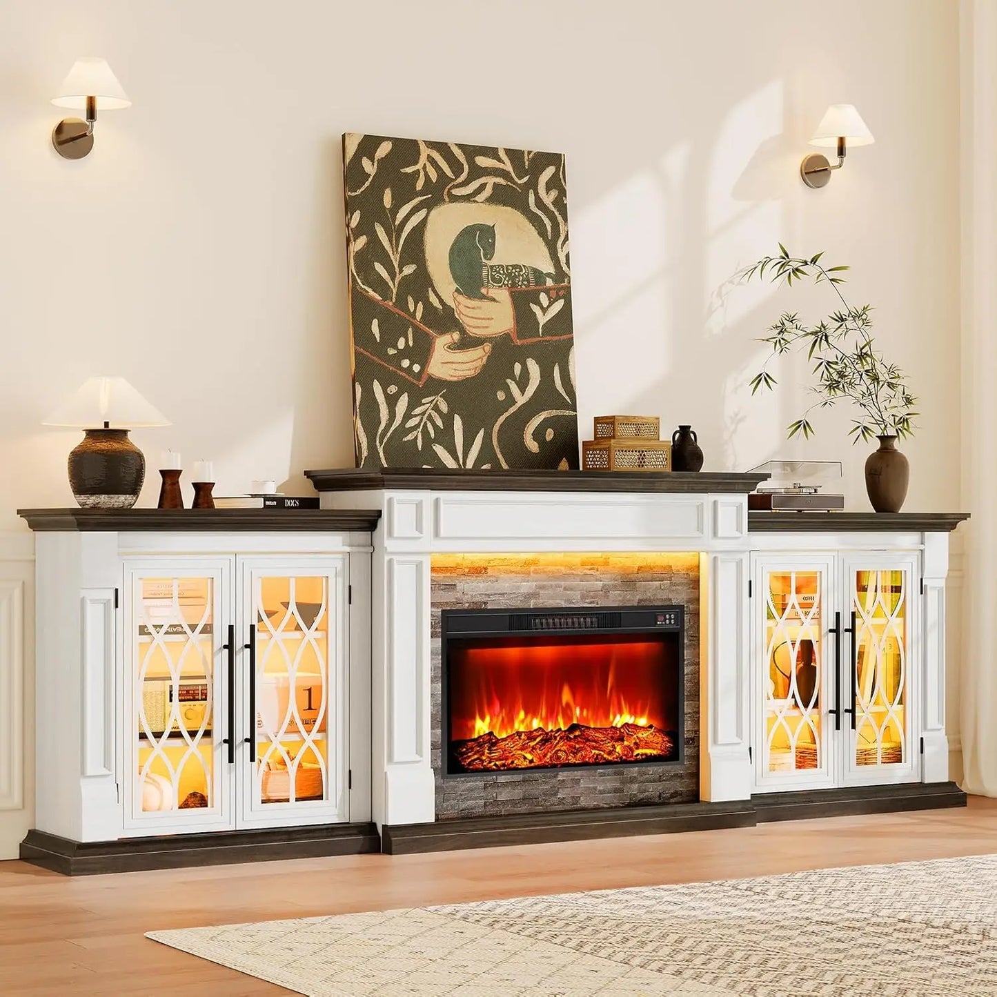 Fireplace TV Stand Electric Mantel With Cabinets Tempered Glass Doors