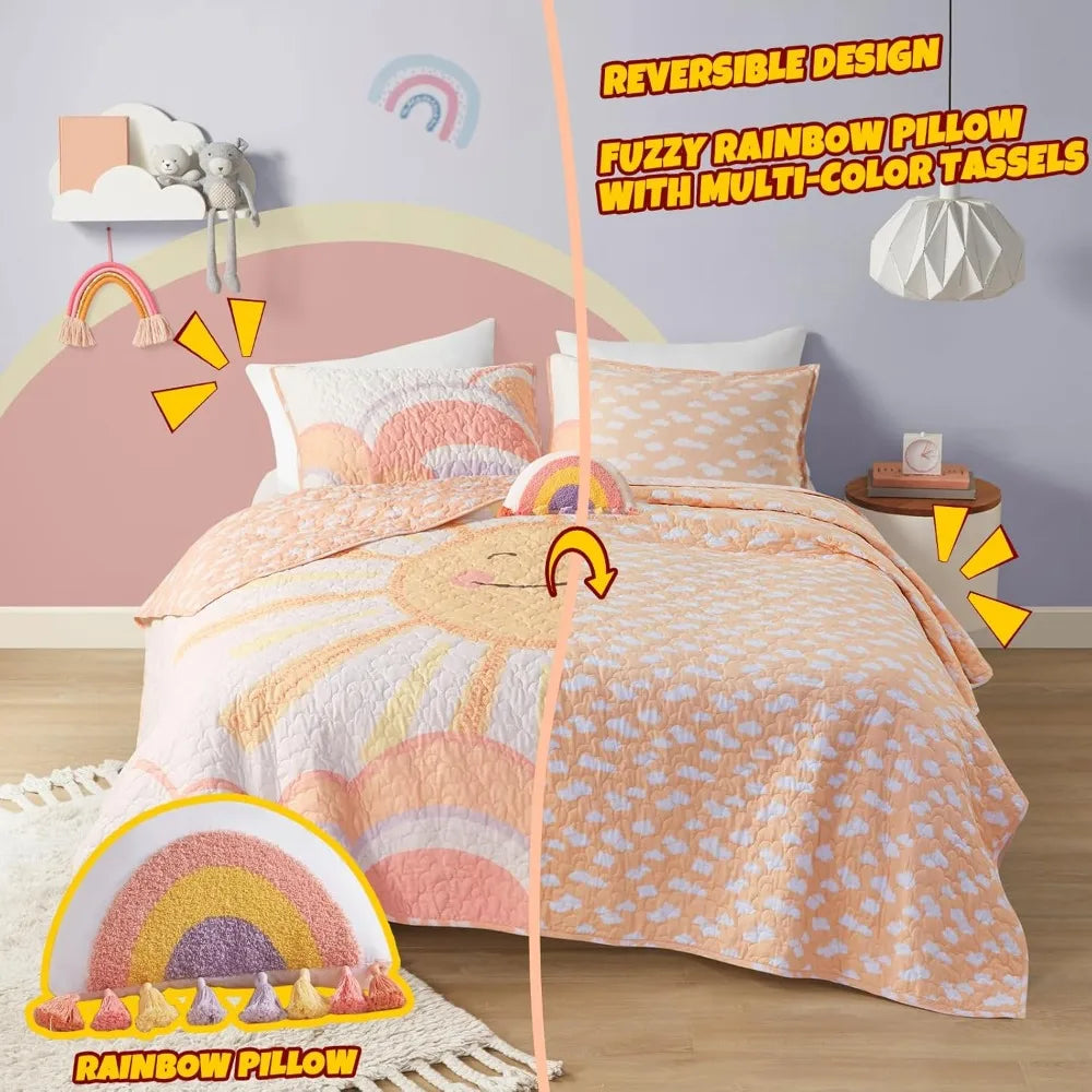 Kids Queen Bedding Set Cotton Sun Full Size Quilt Sets for Girls Rainbow & Clouds Reversible Queen Coverlet D