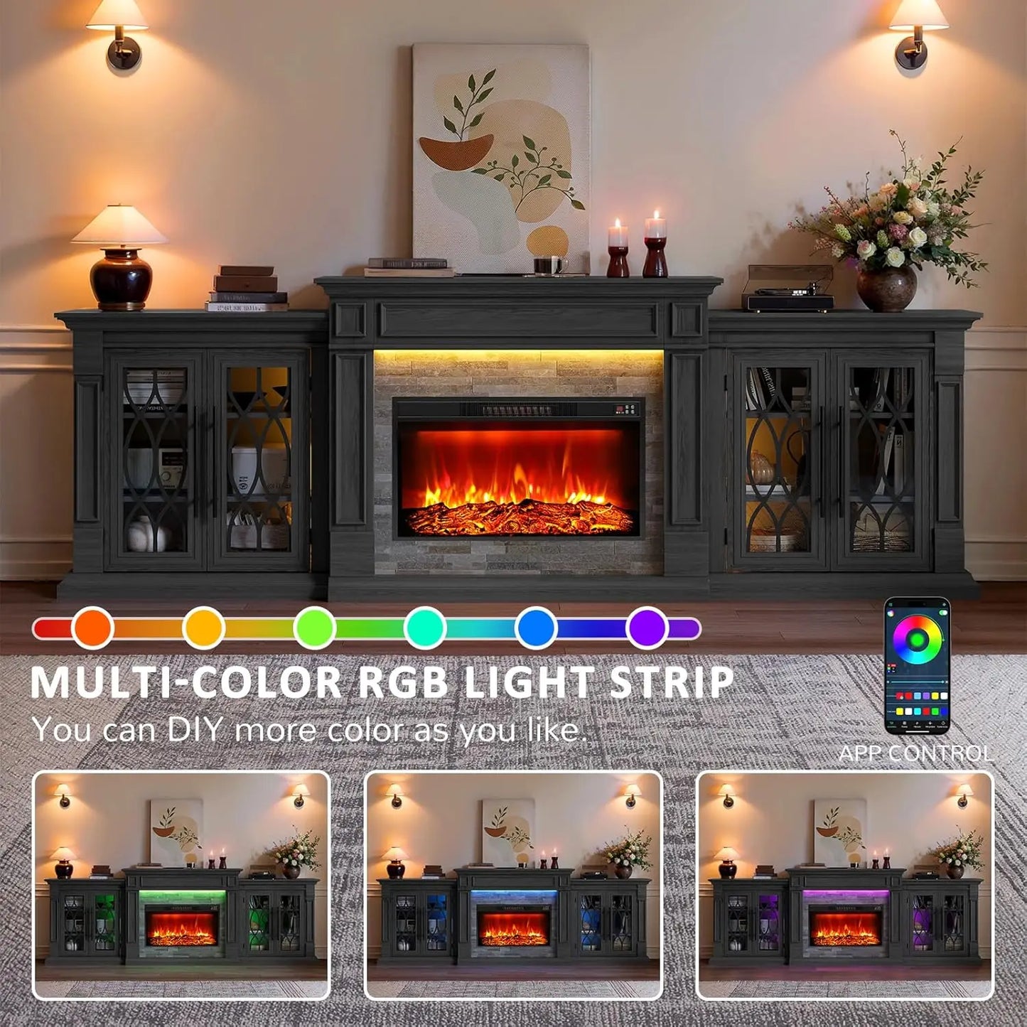 Fireplace TV Stand Electric Mantel With Cabinets Tempered Glass Doors