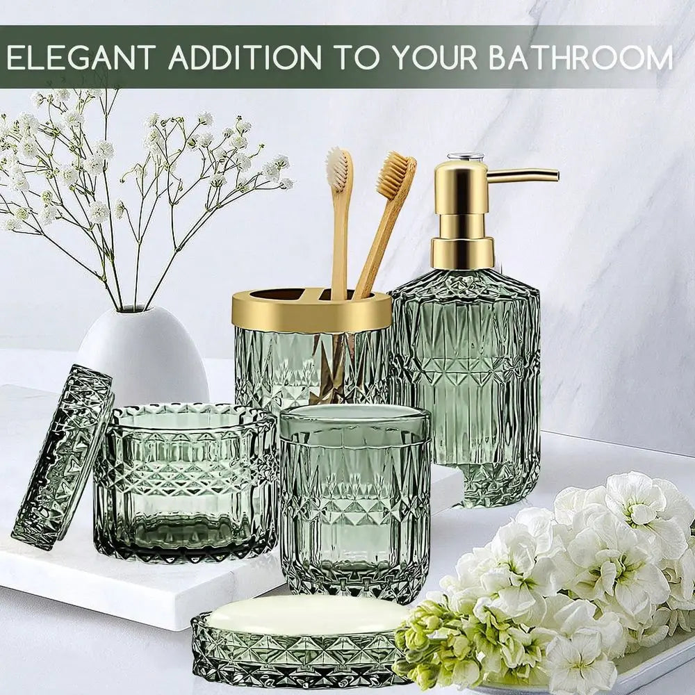 Diamond Glass Bathroom Accessory Set, Includes Lotion Dispenser, Soap Dish, Toothbrush Holder, Tumbler Cotton Swab Jars, Modern