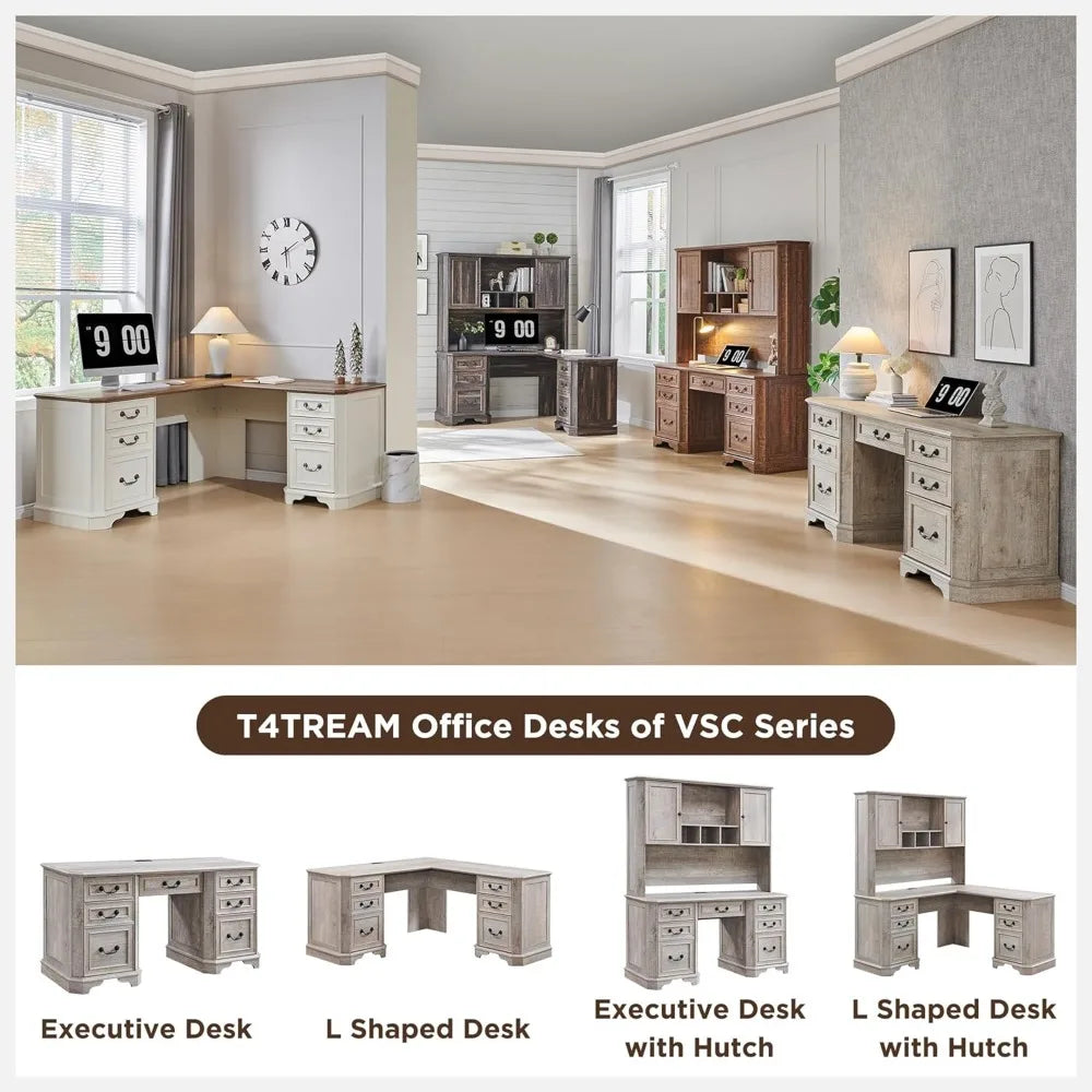 Farmhouse Executive Desk with Hutch,Wood Home Office Computer Desk, Featuring Keyboard Tray,Customized