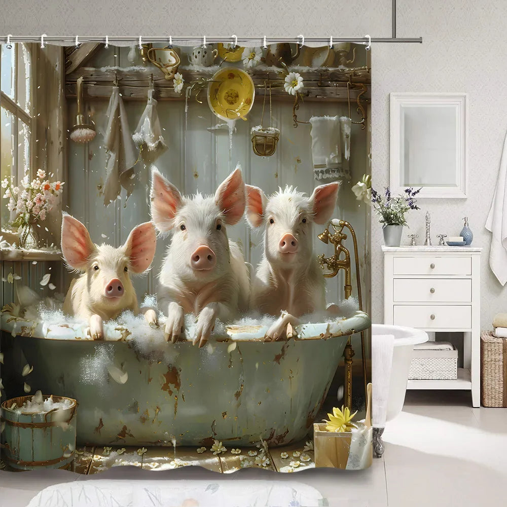 Cute Pig Bath Curtain For Kids Cartoon Animals Polyester