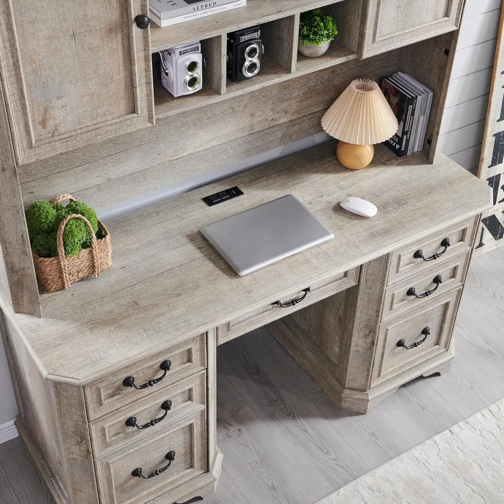 Farmhouse Executive Desk with Hutch,Wood Home Office Computer Desk, Featuring Keyboard Tray,Customized