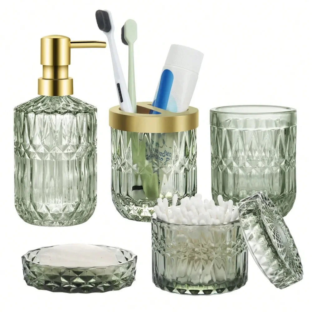 Diamond Glass Bathroom Accessory Set, Includes Lotion Dispenser, Soap Dish, Toothbrush Holder, Tumbler Cotton Swab Jars, Modern