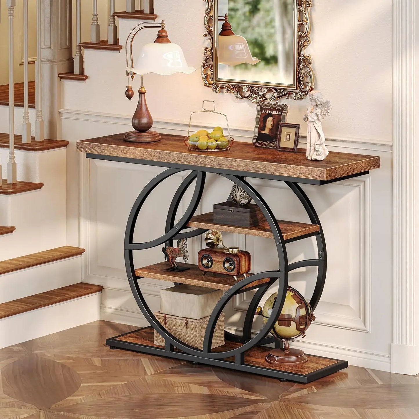 Rustic Industrial Console Table With Storage Shelves O Frame