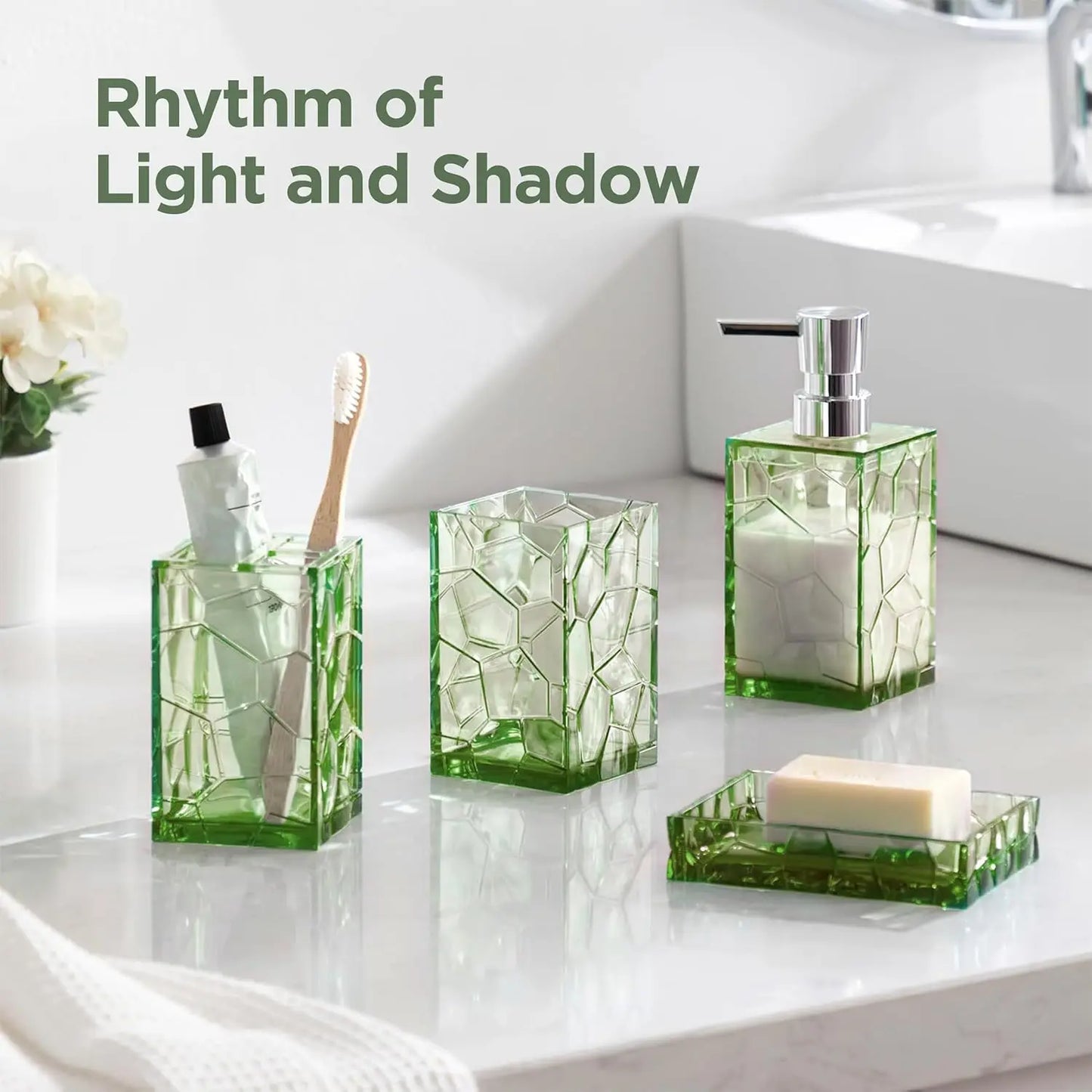 Sage Green Acrylic Bathroom Accessories Set with Soap Dispenser, Toothbrush Holder, Tumbler, Soap Dish - Strong & Durable Modern