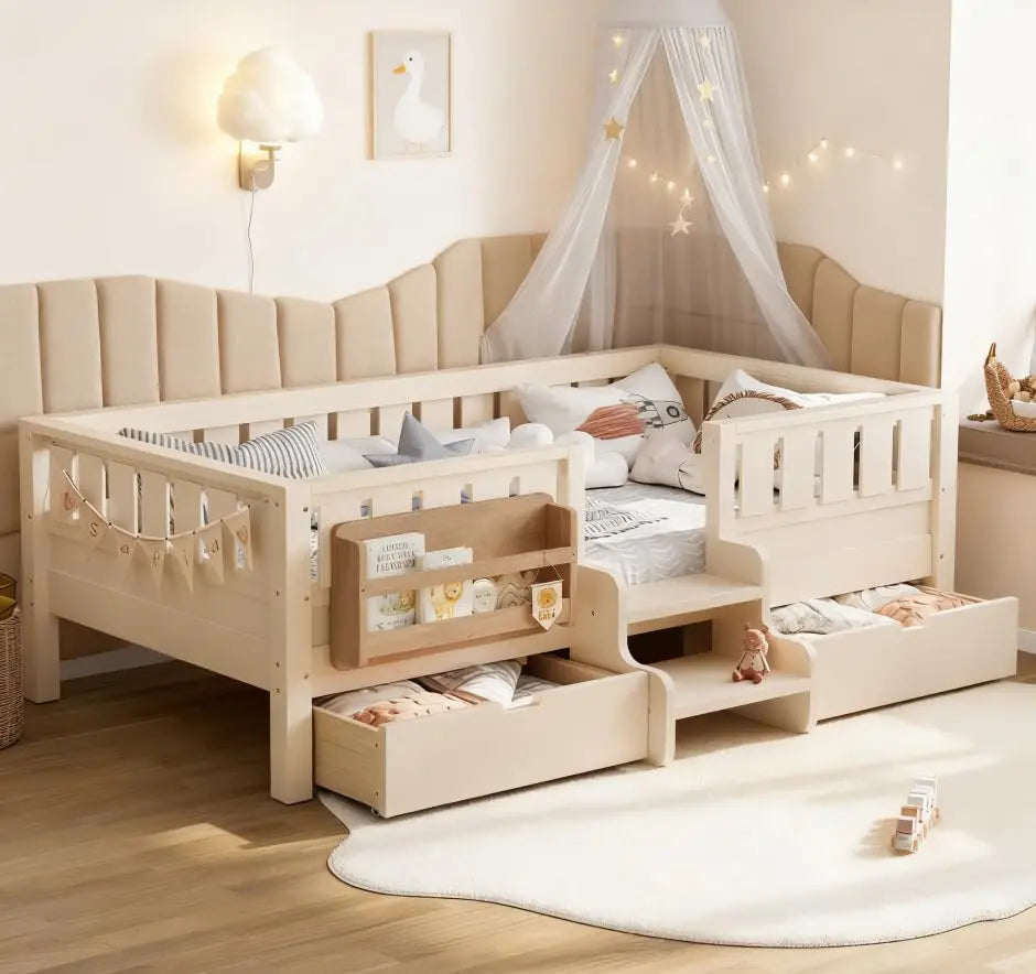 Twin Kids Bed with High Rails Built-in Bookshelf Drawers Wood Montessori Bed for Girls Boys Beige, Customized