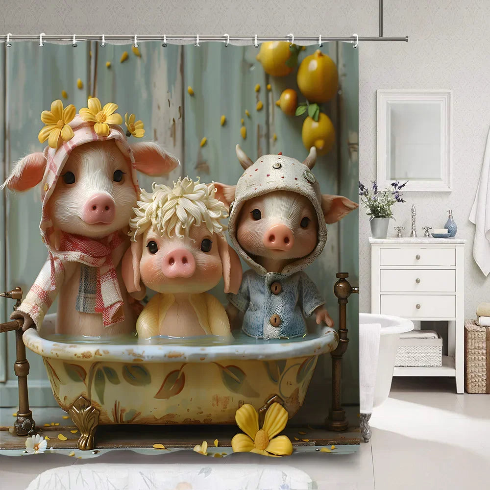 Cute Pig Bath Curtain For Kids Cartoon Animals Polyester