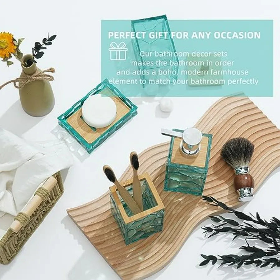 Teal Blue Beach Bathroom Accessories Set Toothbrush Holder Soap Dispenser Cotton Swabs Holder Soap Dish Toilet Brush with Holde
