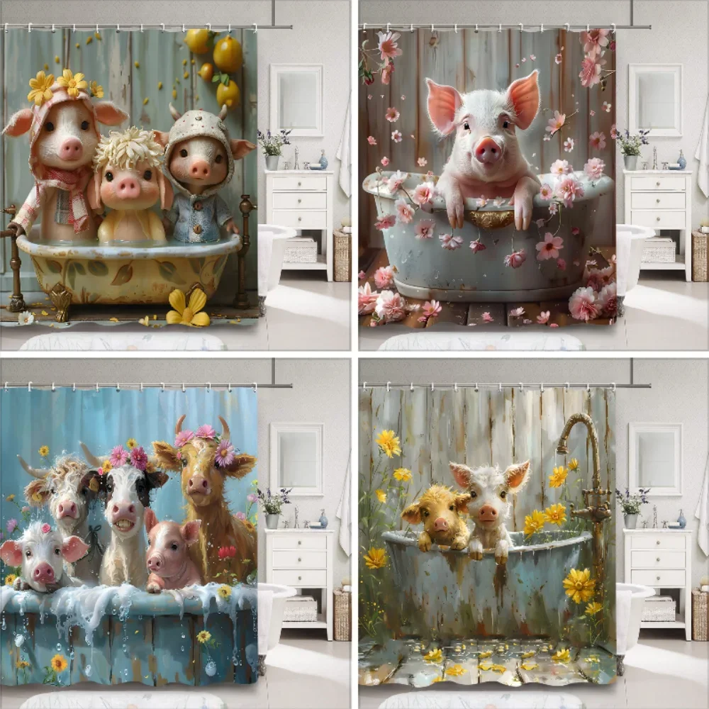 Cute Pig Bath Curtain For Kids Cartoon Animals Polyester