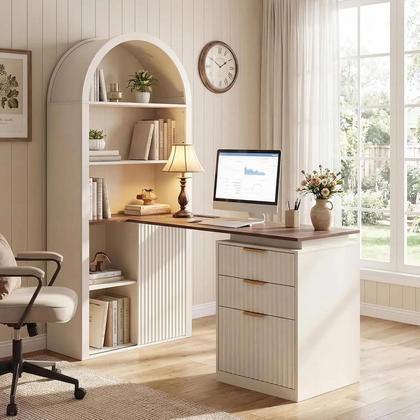 NORTHSKY 61" L-Shaped Desk with Arched Bookshelf, Fluted Corner Computer Desk with 3 Drawers, Sleek Sliding Door, Built-in Charg