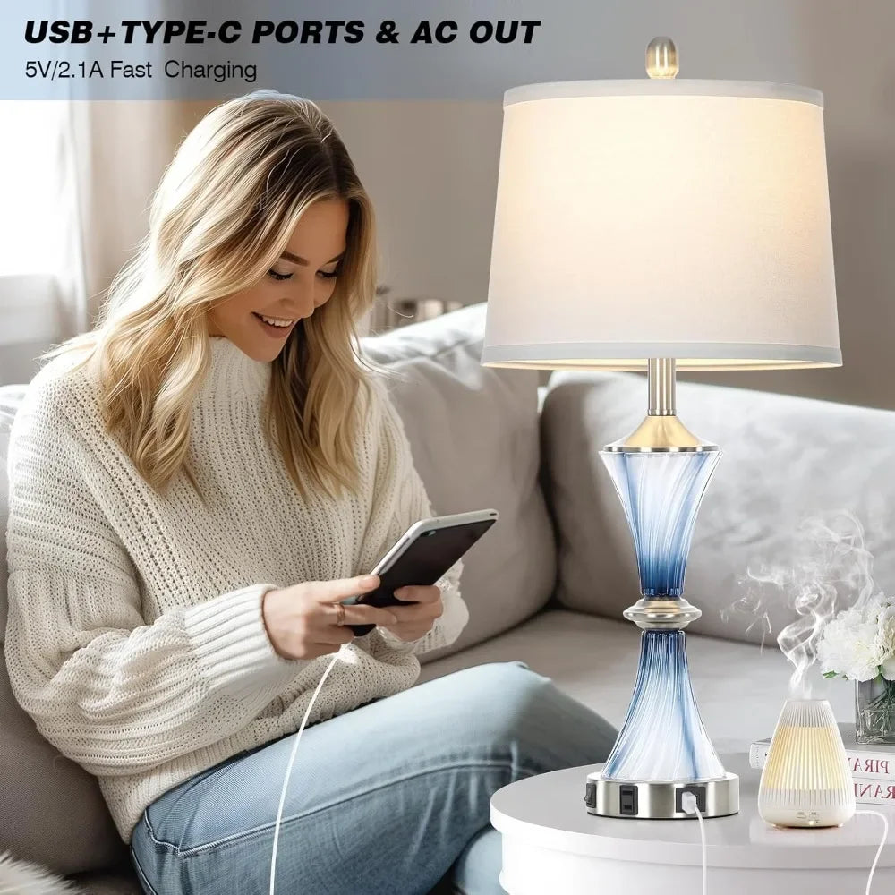 XMSJ Glass Table Lamps With USB Ports And AC Outlet