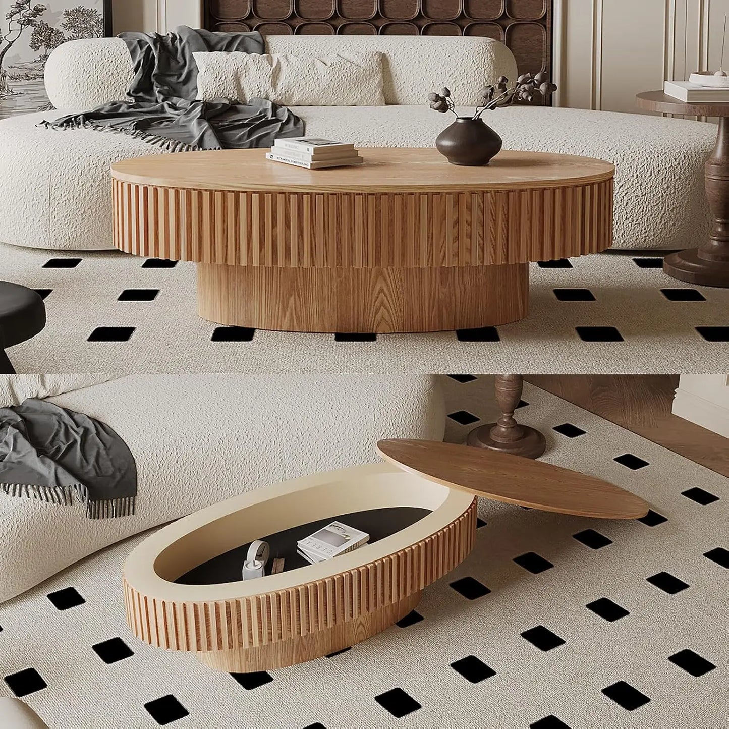 Oval Fluted Coffee Table With Storage In Solid Wood Veneer