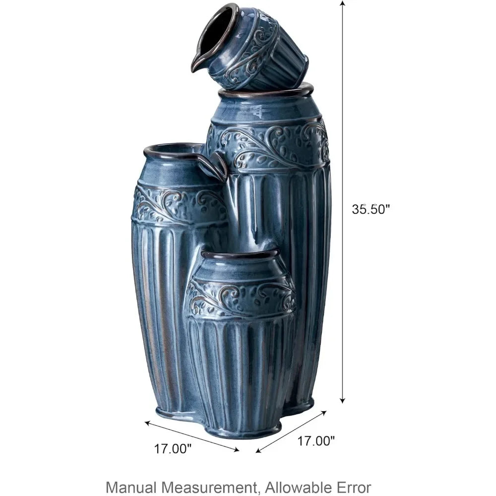 35.5 "H large outdoor fountain with LED lights and water pump, 4-storey relief ceramic fountain, porch terrace vertical fountain