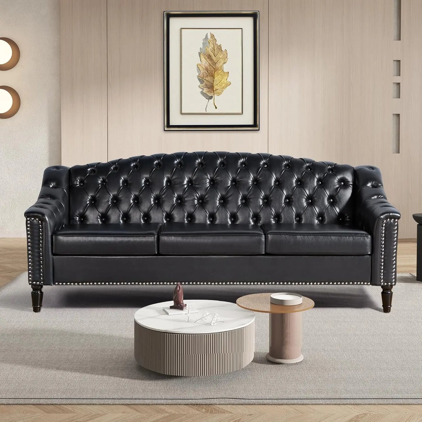 HUANZHUANG Mid Century Modern Leather Sofa Chesterfield Sleeper