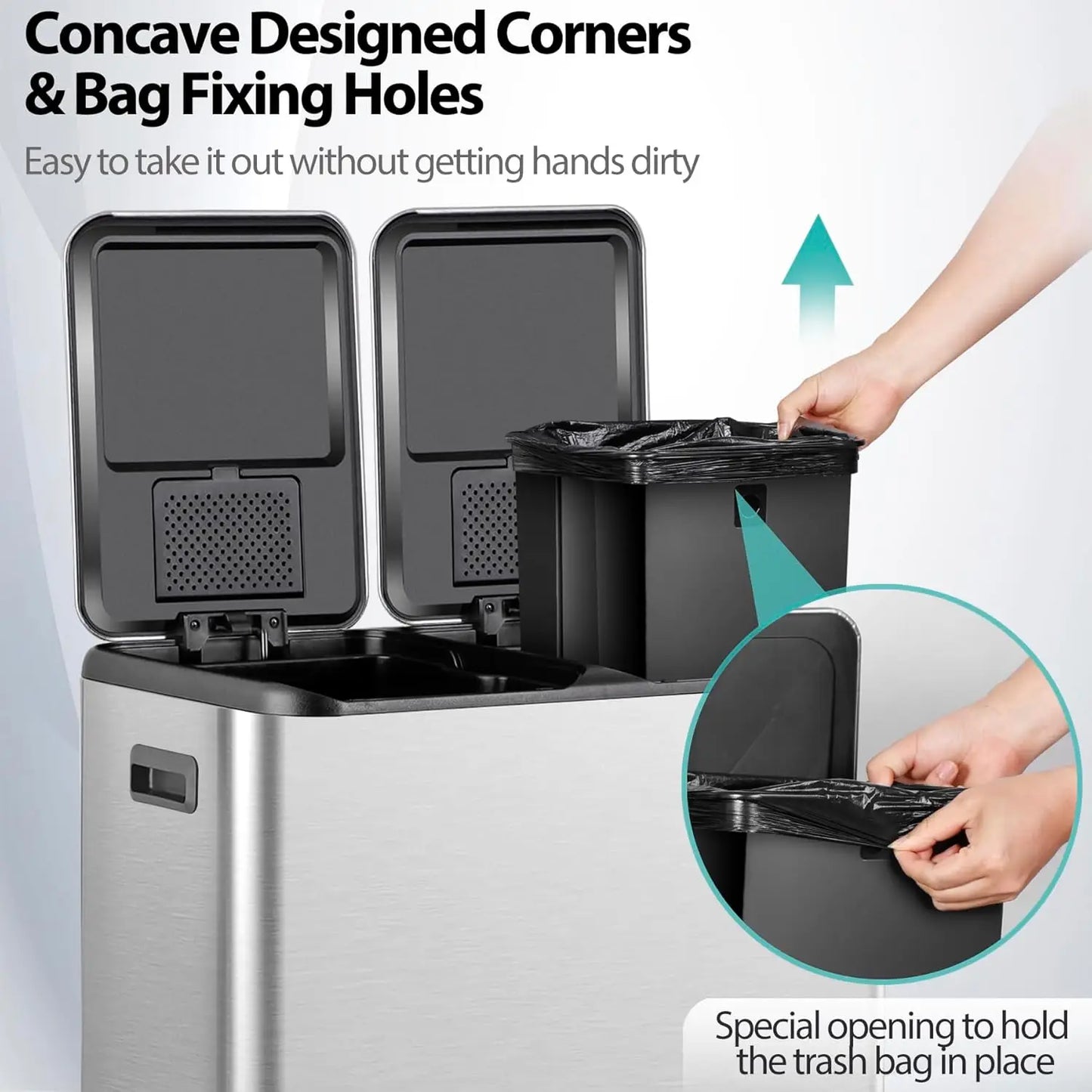 Stainless Steel Dual Trash Can With Foot Pedal For Kitchen