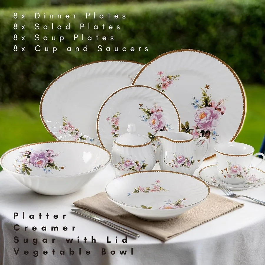 Paradise Timeless Rose Floral 45Piece Dinnerware Set Service for 6 Embossed Swirl Porcelain Plates and Bowls Gold Decal Trim Ap