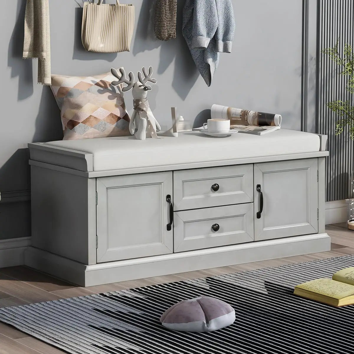 Storage Bench Removable Cushion Shoe Cabinet Doors Drawers Padded Seat Hallway Entryway Espresso, Customized