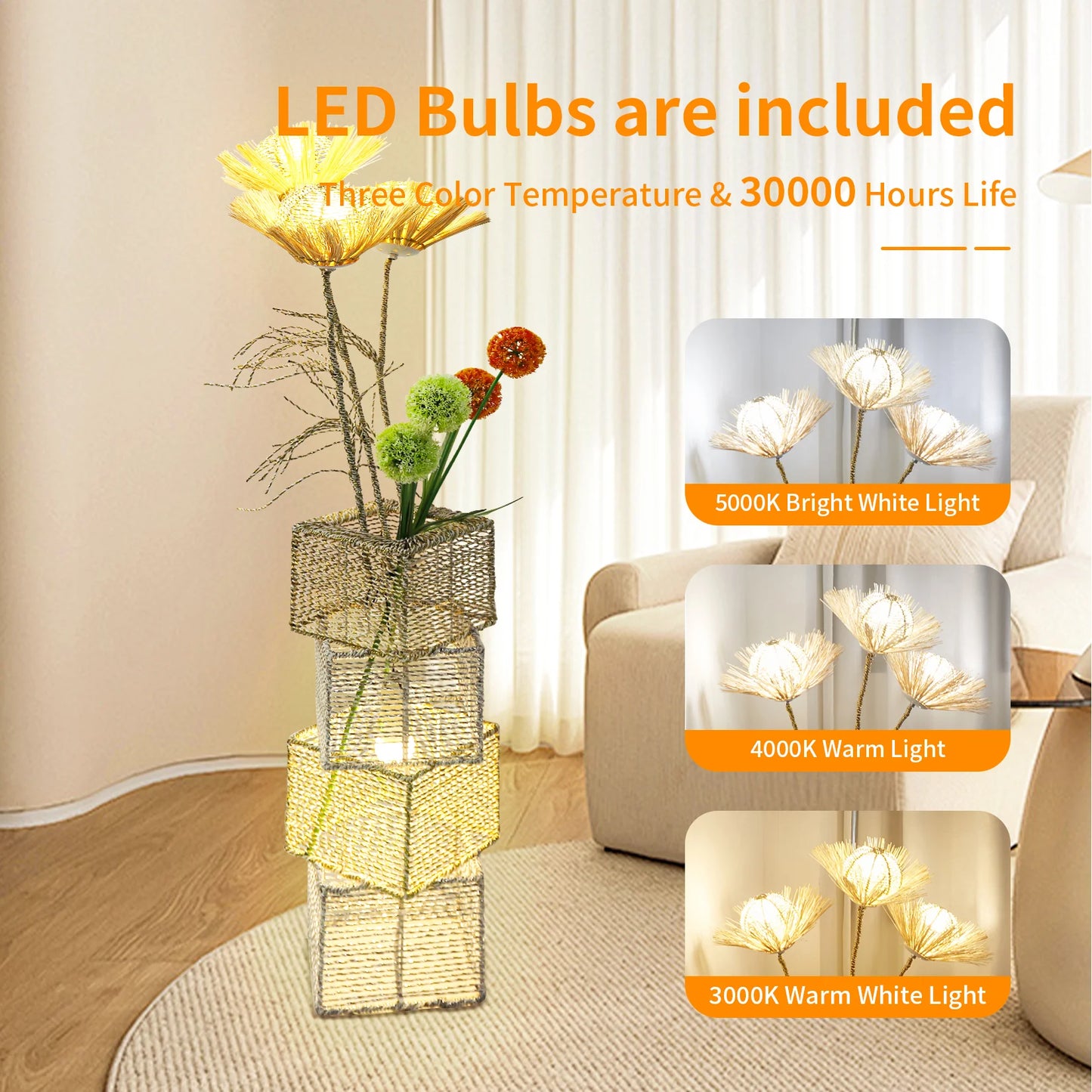 Rattan Floor Lamp Dimmable Standing LED Light For Living Room