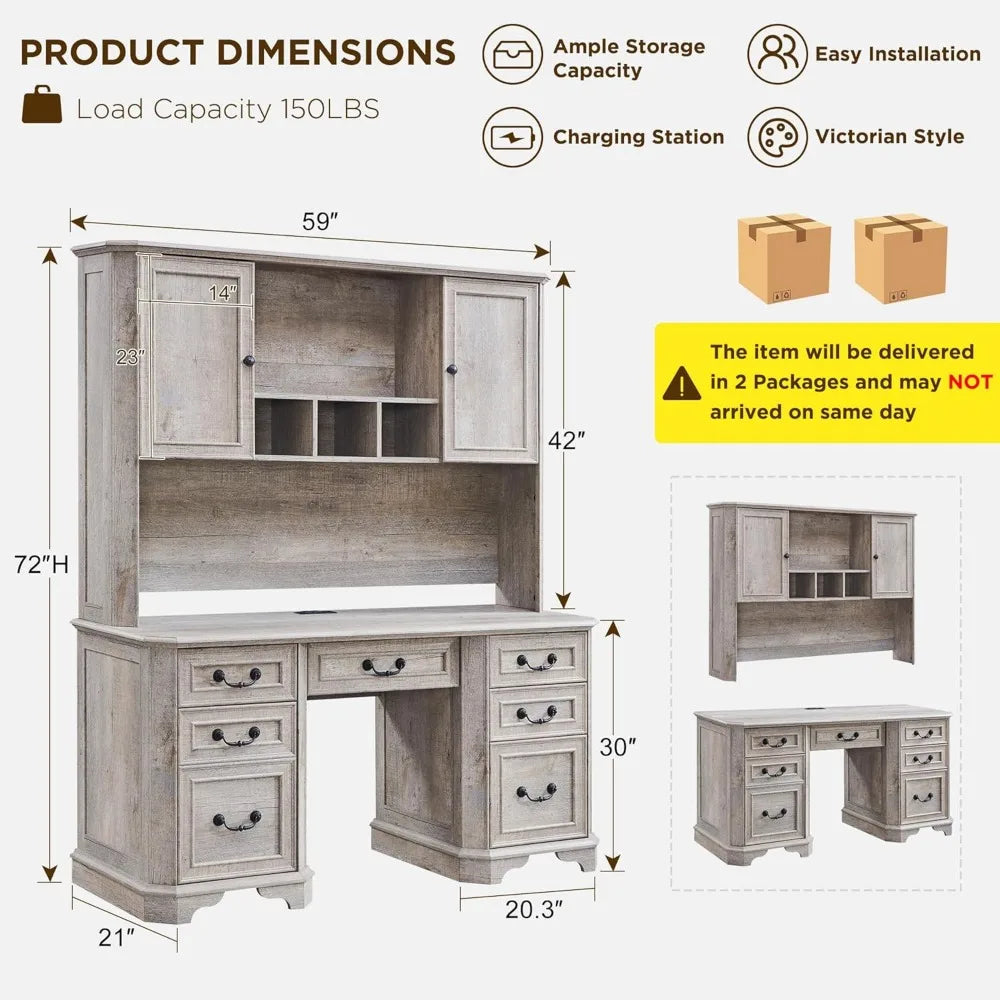 Farmhouse Executive Desk with Hutch,Wood Home Office Computer Desk, Featuring Keyboard Tray,Customized