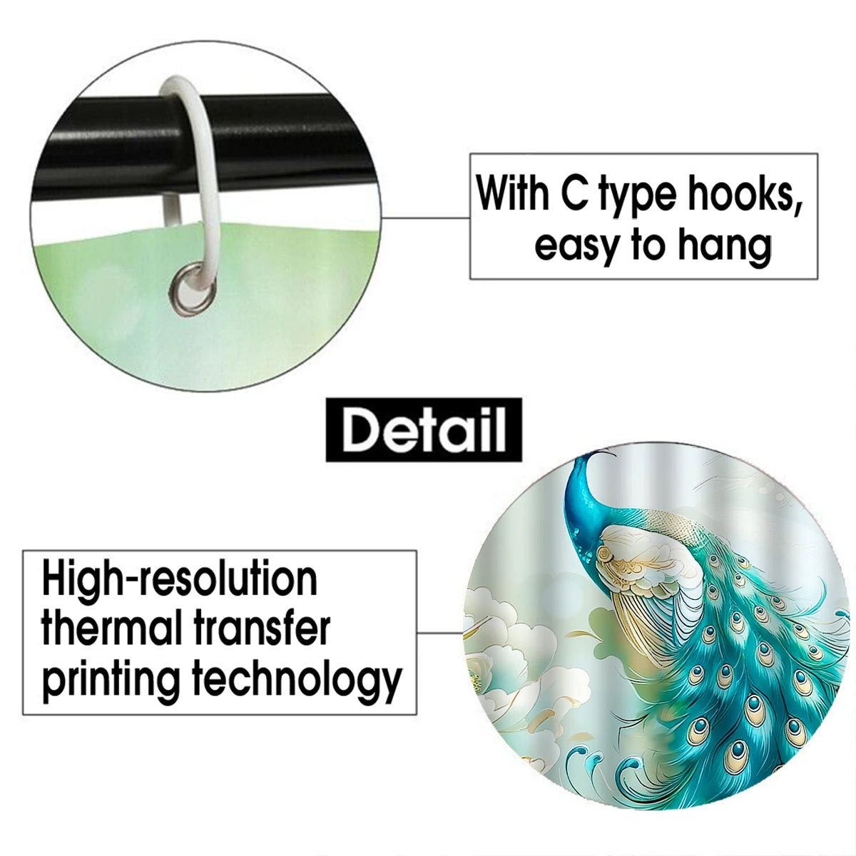 4Pcs Elegant Peony Peacock Shower Curtain Set with Hooks, Teal Floral Print Waterproof Mildew Resistant Fabric Bath Mat for Family Bathroom Home Decor