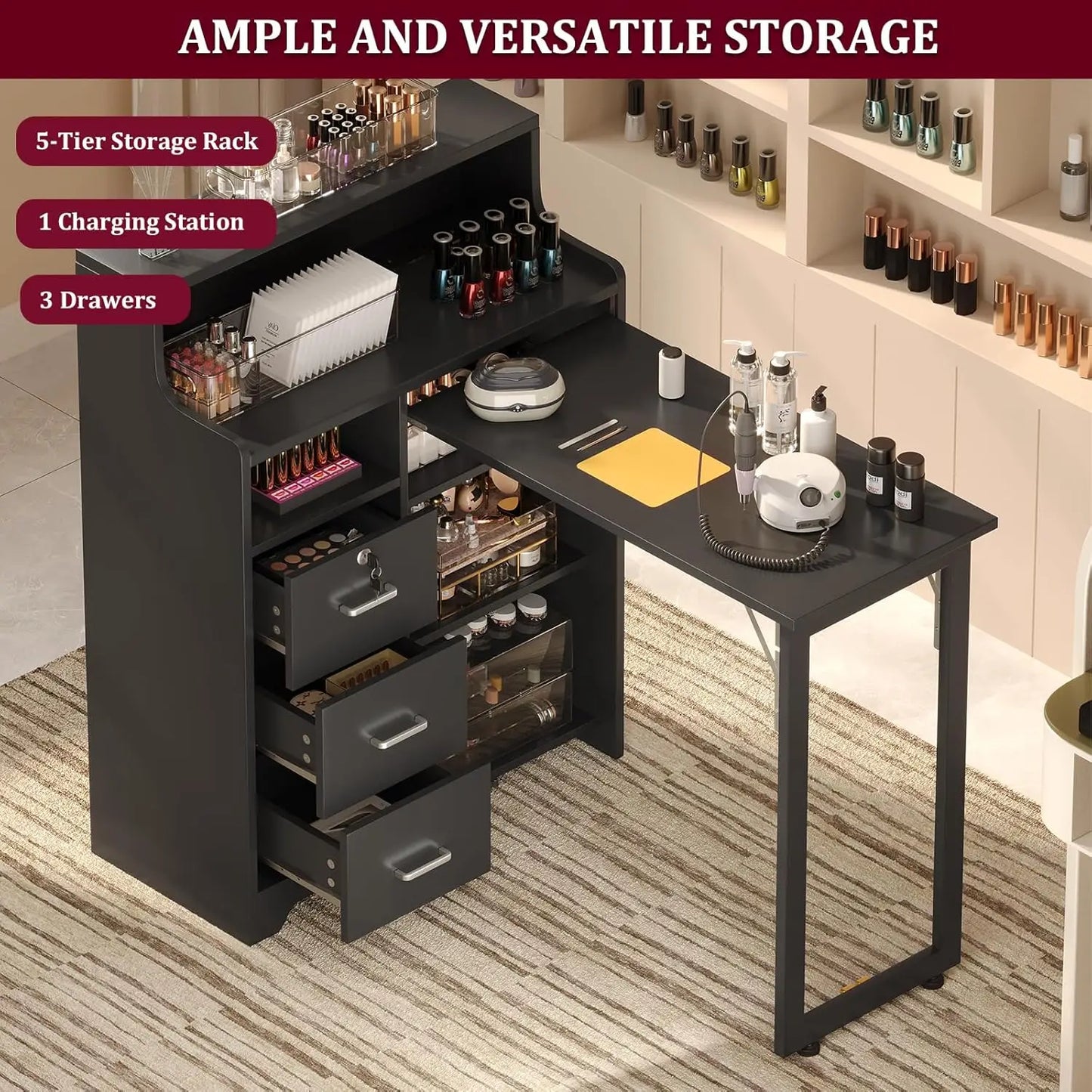 Nail Desk for Nail Tech, L Shape Foldable Manicure Table with Cabinet Drawer & Built-in Charging Station, Portable, Customized