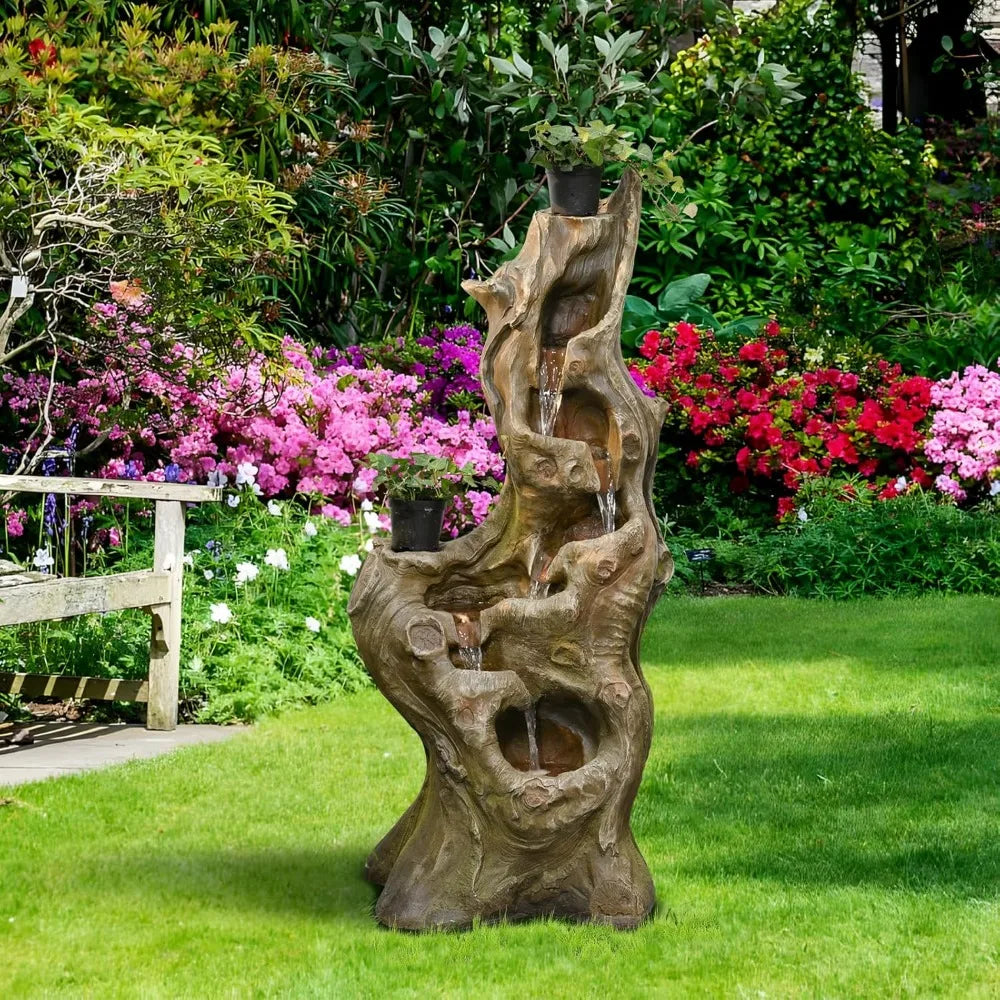 Water Fountain Outdoor 5-Tiers Large Cascading Realistic Tree Trunk Natural Waterfall Outdoor Fountain Resin Imitation Wood with