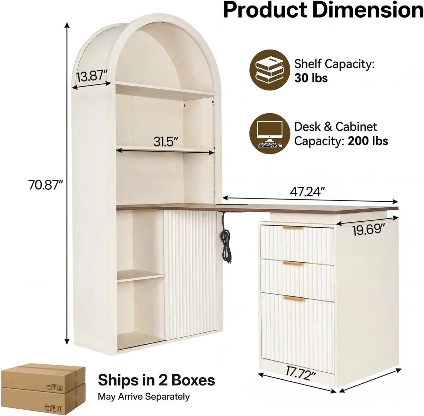 NORTHSKY 61" L-Shaped Desk with Arched Bookshelf, Fluted Corner Computer Desk with 3 Drawers, Sleek Sliding Door, Built-in Charg
