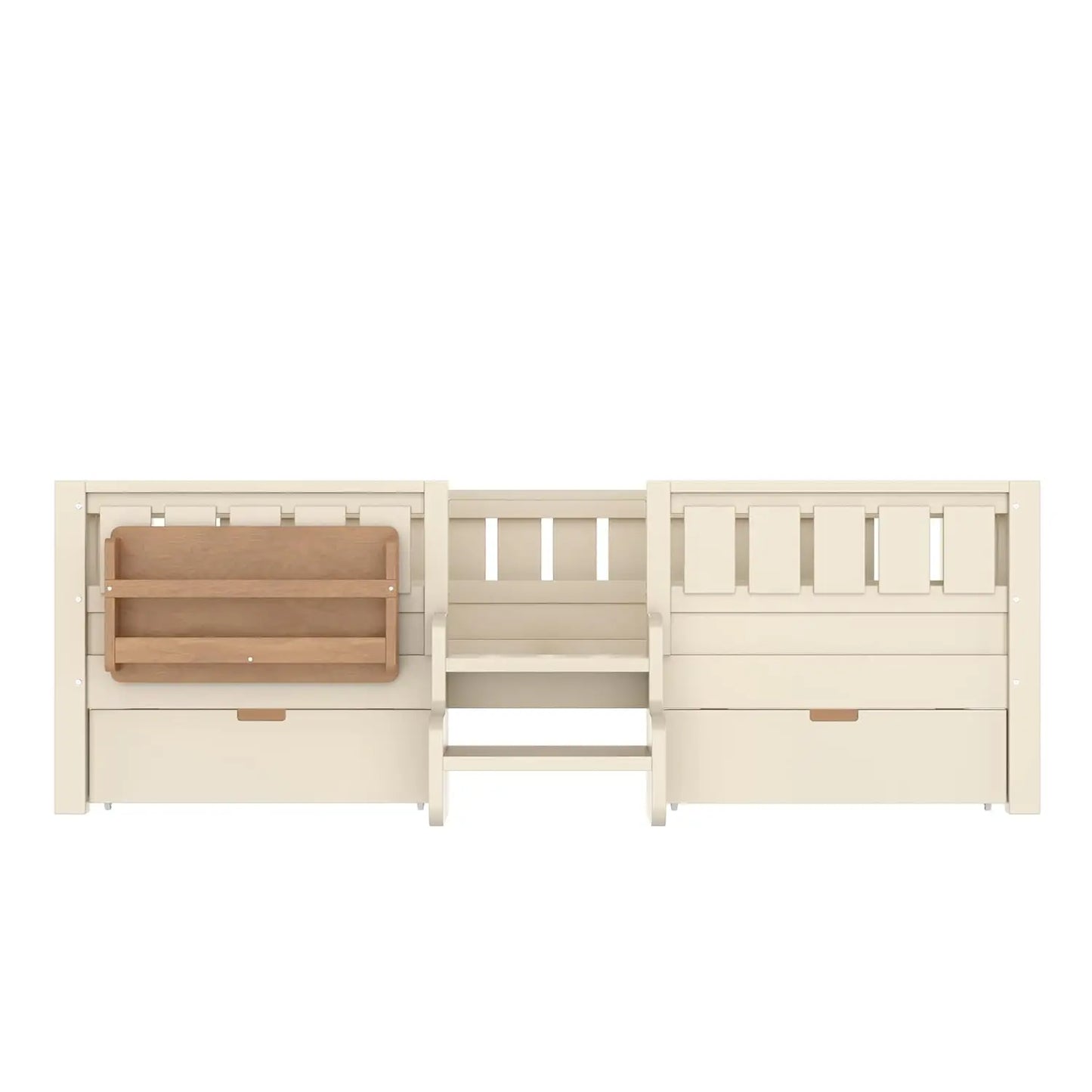 Twin Kids Bed with High Rails Built-in Bookshelf Drawers Wood Montessori Bed for Girls Boys Beige, Customized