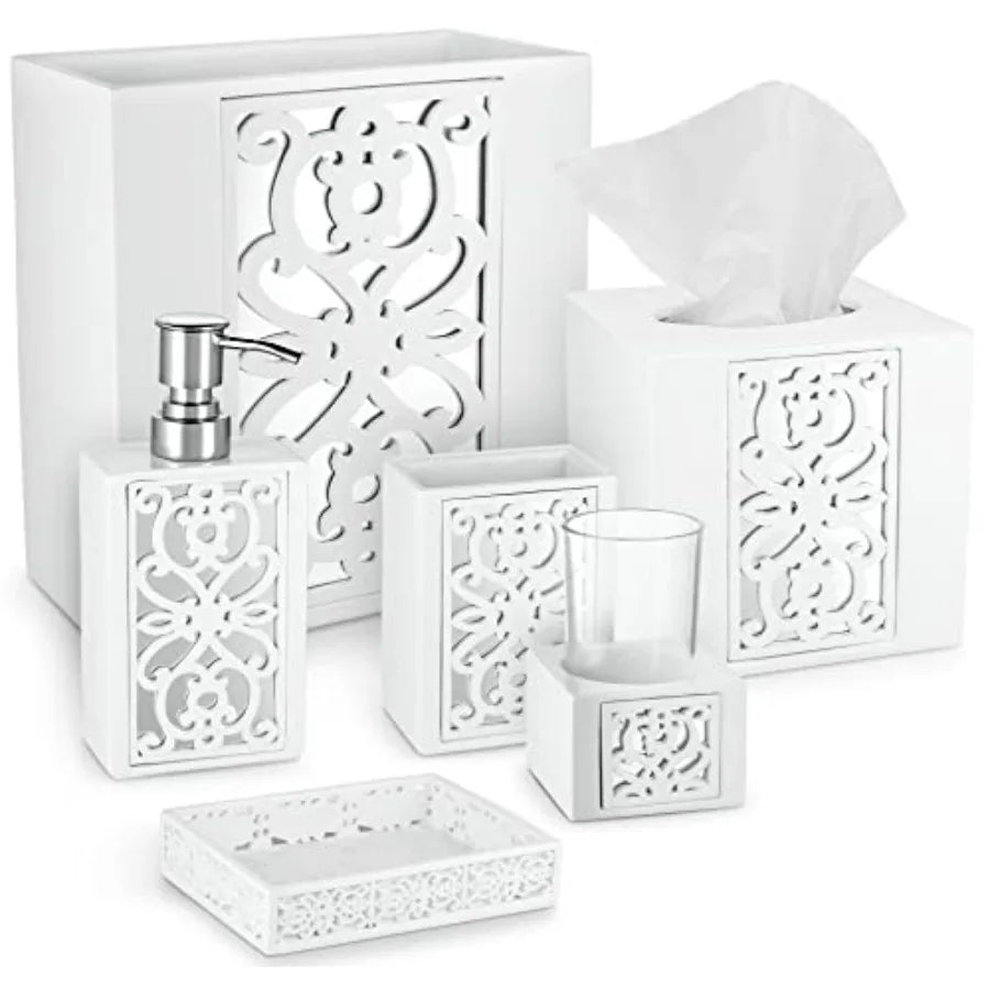 White Bathroom Accessories Set 6 Piece Complete Set Includes Soap Dispenser Toothbrush Holder Tumbler Cup Soap Dish Tissue Cove