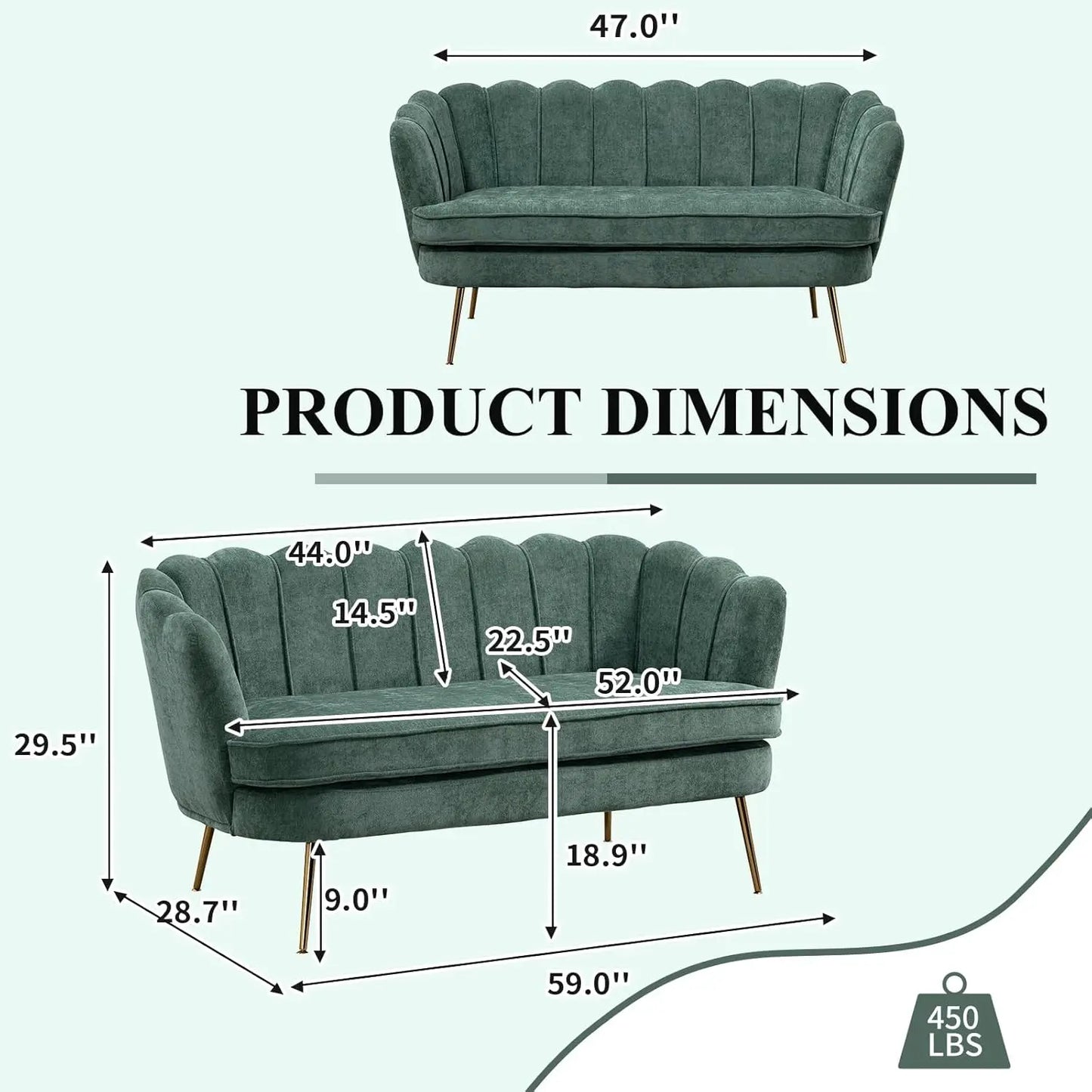 Chenille Upholstered Loveseat With Gold Metal Legs Petal Design