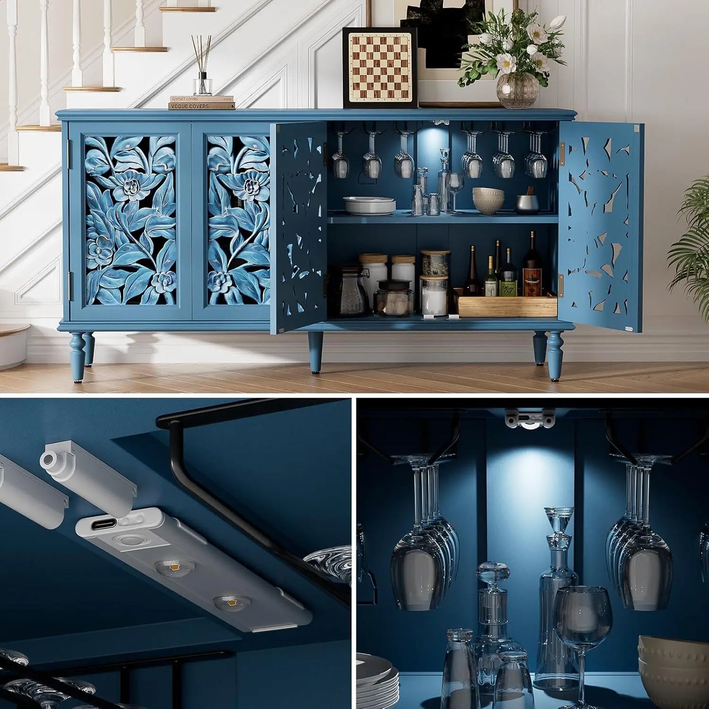4-Door 61" Sideboard Buffet Console Adjustable Shelves Wood Grain Hidden Handles Kitchen Dining Living Storage Customized