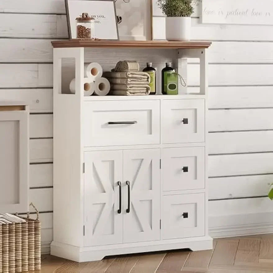 Farmhouse Bathroom Storage Cabinet With Four Drawers And Shelves