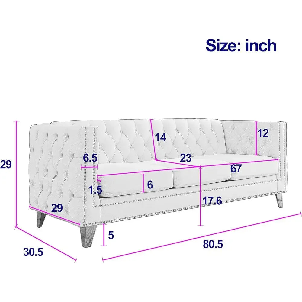 Velvet Sofa Set: Button-Tufted 3-Seat Sofa and 2-Seat Loveseat with Nailhead Trims and Metal Legs