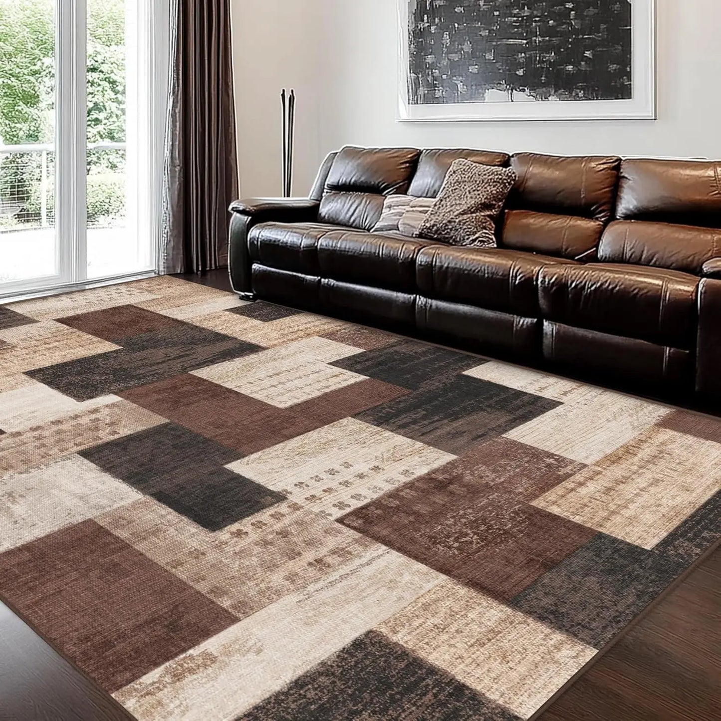 Modern Geometric Patchwork Brown Area Rug 5x7ft for Living Room Bedroom Office Entryway Hardwood Floors Decor