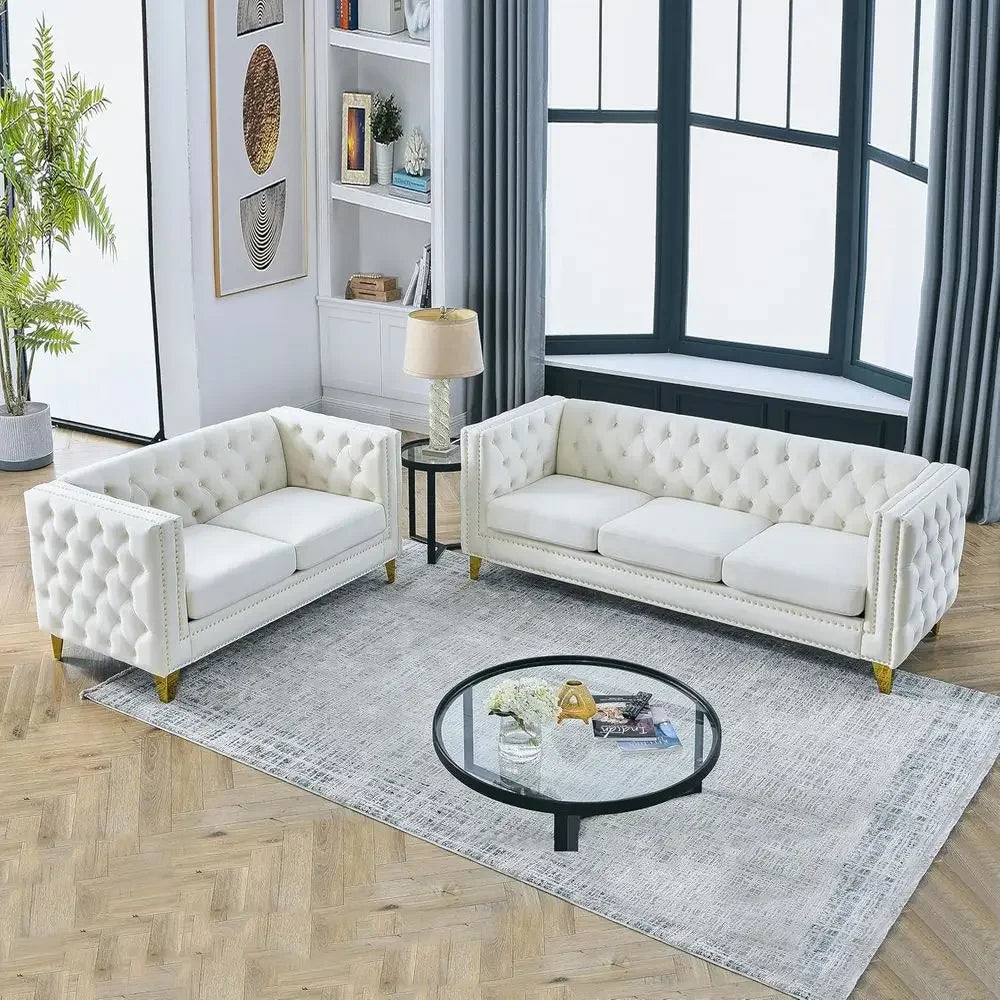 Velvet Sofa Set: Button-Tufted 3-Seat Sofa and 2-Seat Loveseat with Nailhead Trims and Metal Legs