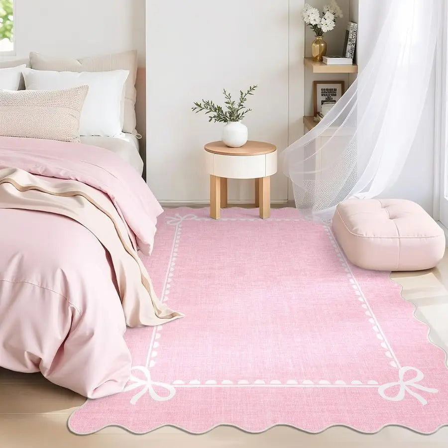 Scalloped Bow Rug for Living Room, Solid Pink Rug for Dorm, Washable Rugs 5x7 Soft Low Pile Non Slip Scalloped Rugs for Nursery