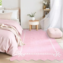 Scalloped Bow Rug for Living Room, Solid Pink Rug for Dorm, Washable Rugs 5x7 Soft Low Pile Non Slip Scalloped Rugs for Nursery