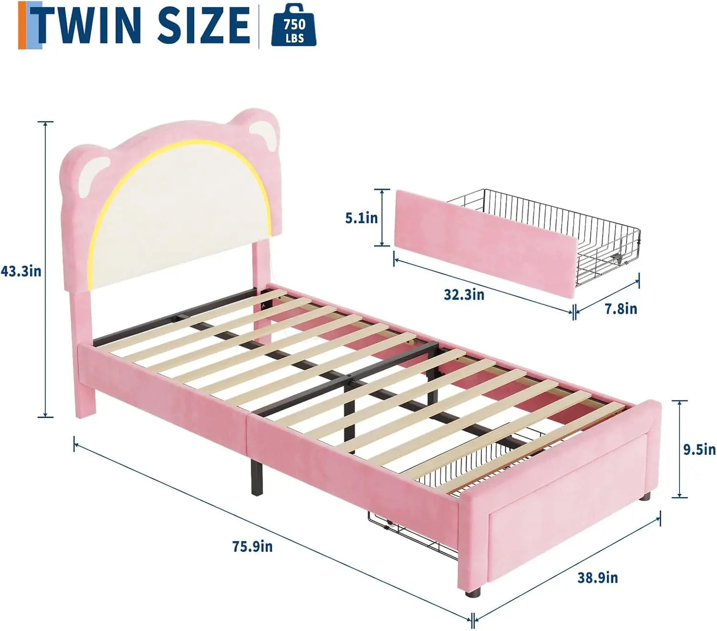 Led Bed Frame With Storage And Bear Headboard In Velvet