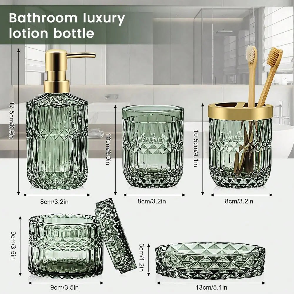 Diamond Glass Bathroom Accessory Set, Includes Lotion Dispenser, Soap Dish, Toothbrush Holder, Tumbler Cotton Swab Jars, Modern