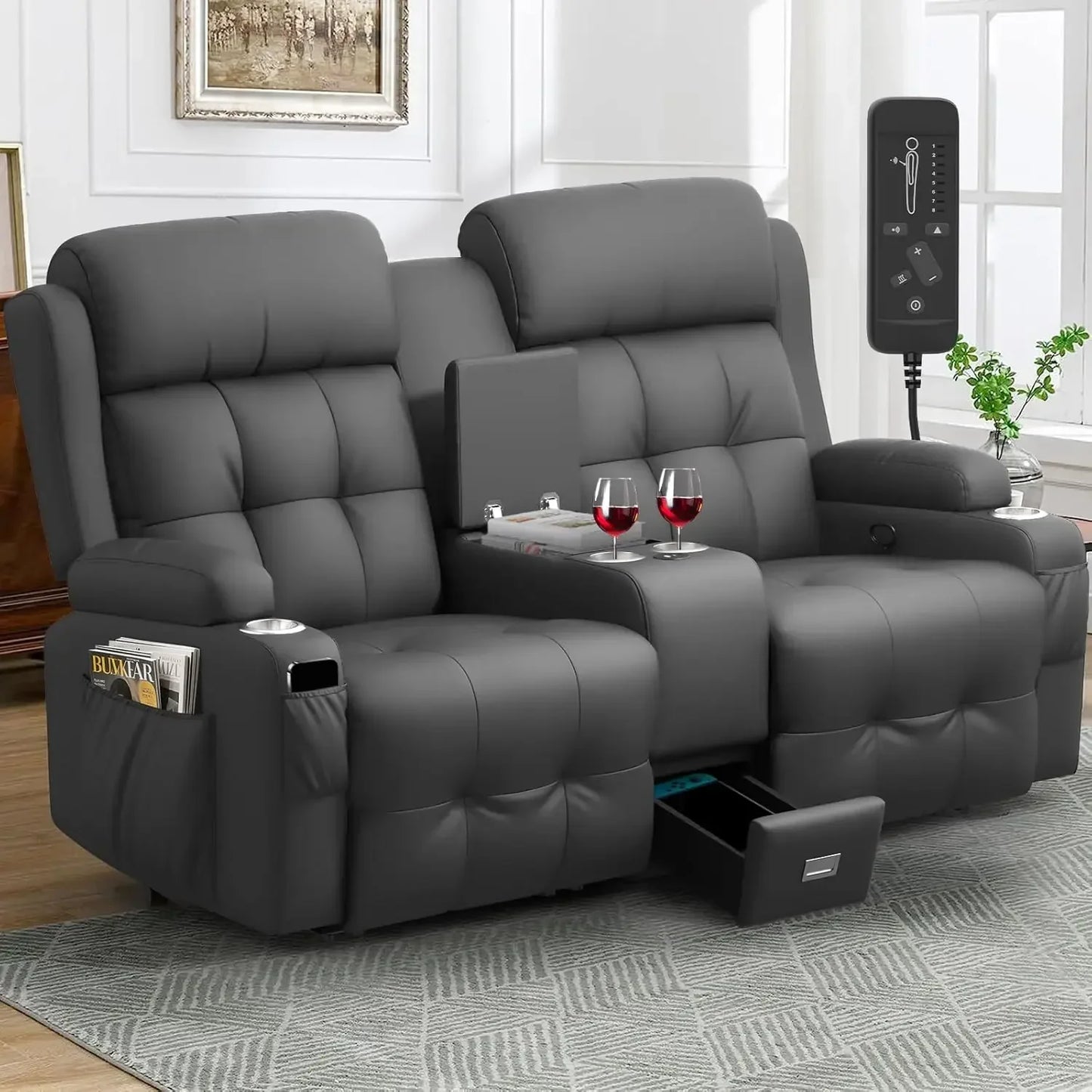 Reclining Massage Loveseat With Console Wall Hugger Sofa