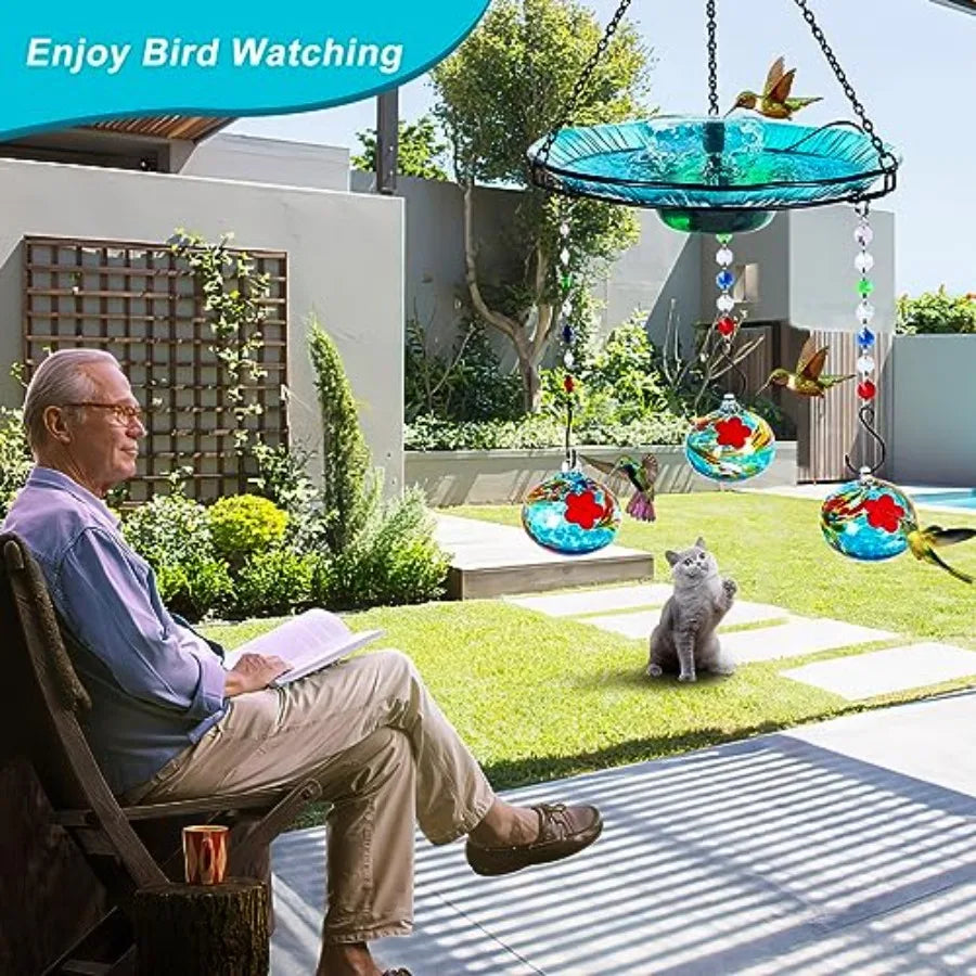 Hummingbird Feeder and Bird Bath for Outdoors 2-in-1 for Small Birds - Hummingbird Bath Fountain with 3 Feeder Pots - Hanging S