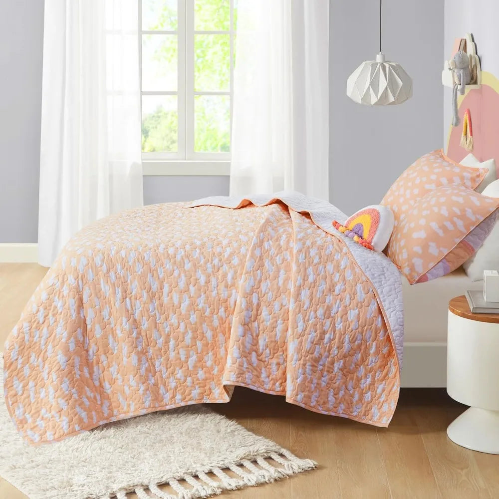Kids Queen Bedding Set Cotton Sun Full Size Quilt Sets for Girls Rainbow & Clouds Reversible Queen Coverlet D