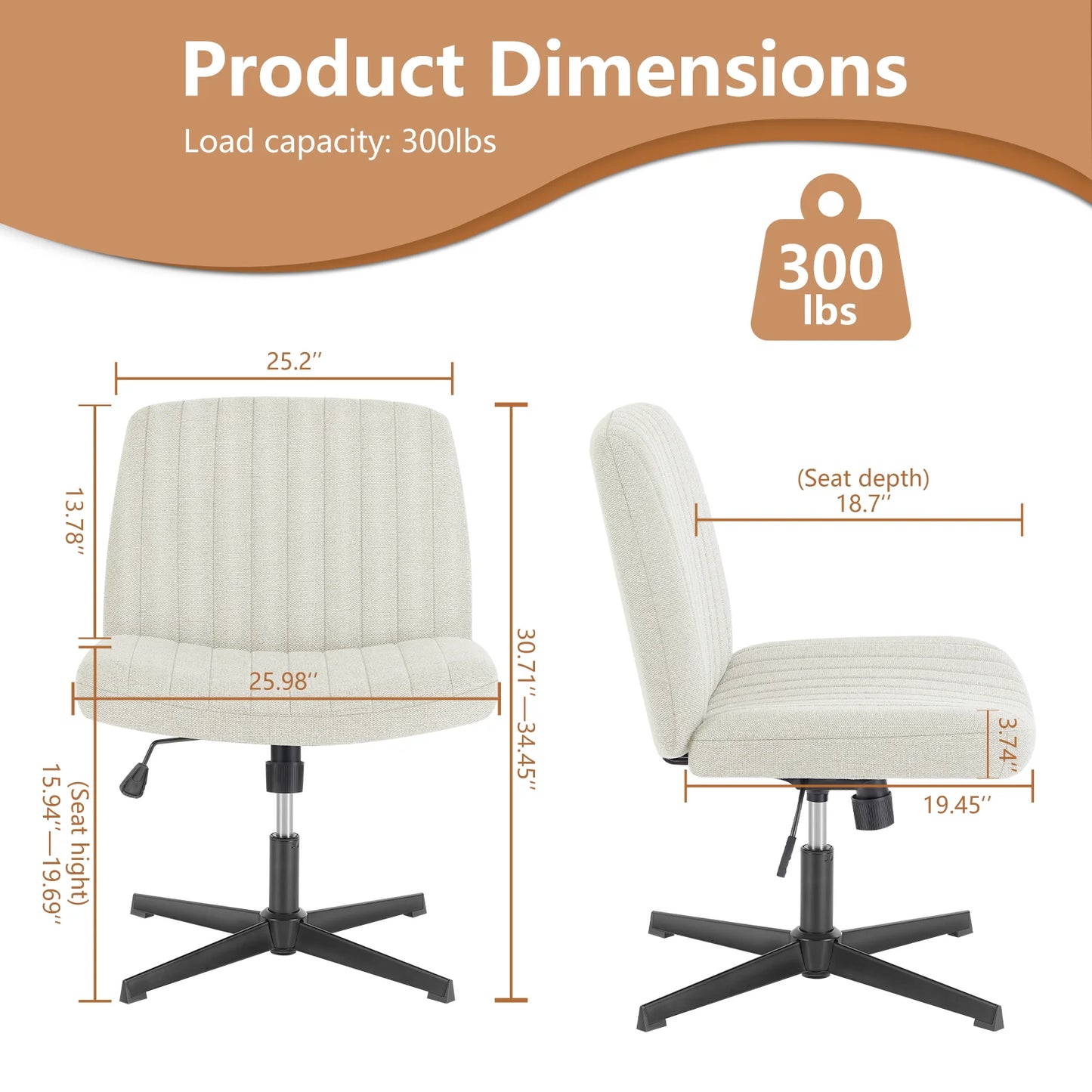 JHK Cross Legged Office Rocking Chair Armless Desk Swivel Fabric