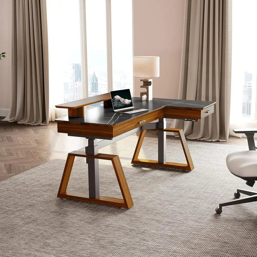 Electric Standing Desk with Dual Drawers,63 Inche Executive Desk,Height Adjustable L-Shaped Office Desk, Computer Workstations w