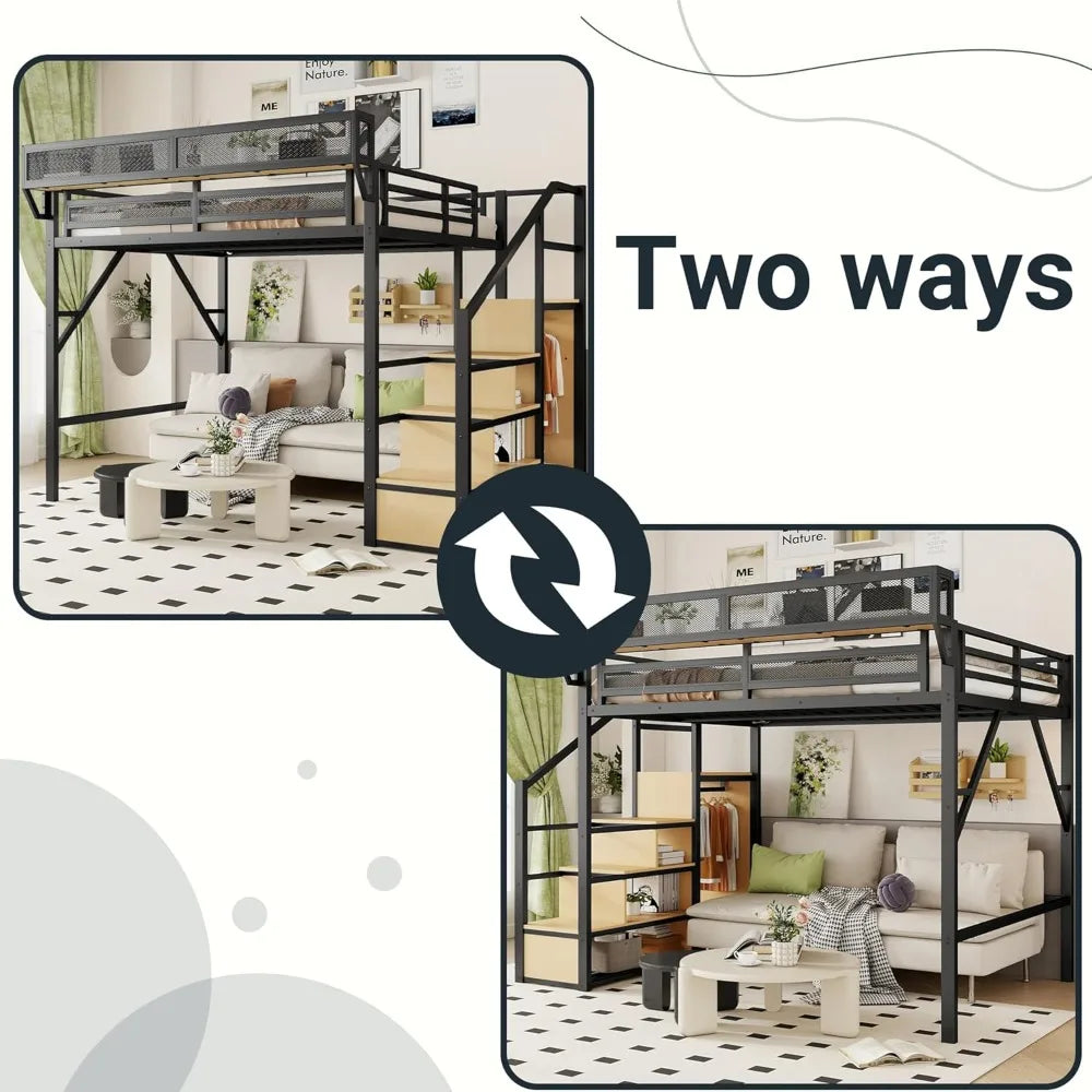 Metal Loft Bed With Stairs Storage Shelves And Wardrobe